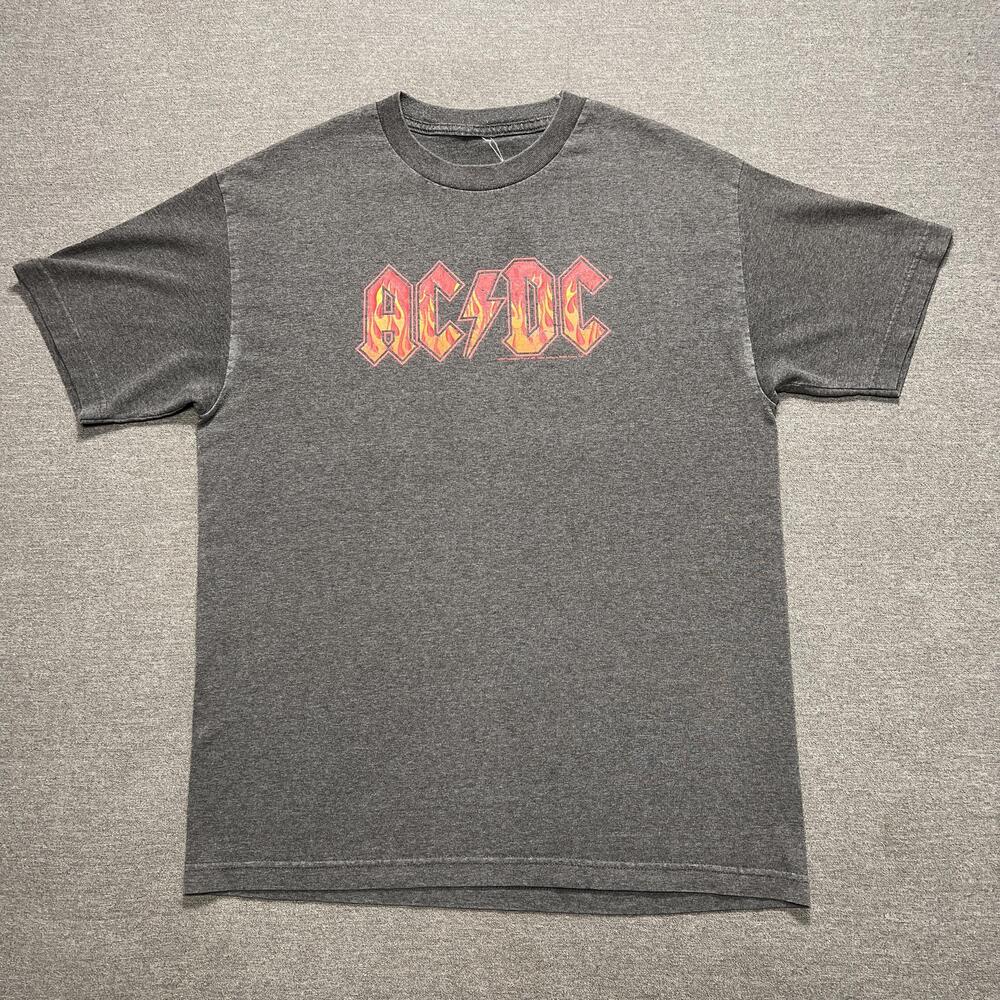 Vintage AC/DC Shirt Mens Large Gray Flame Logo Graphic Band Tee Rock 2000s y2k